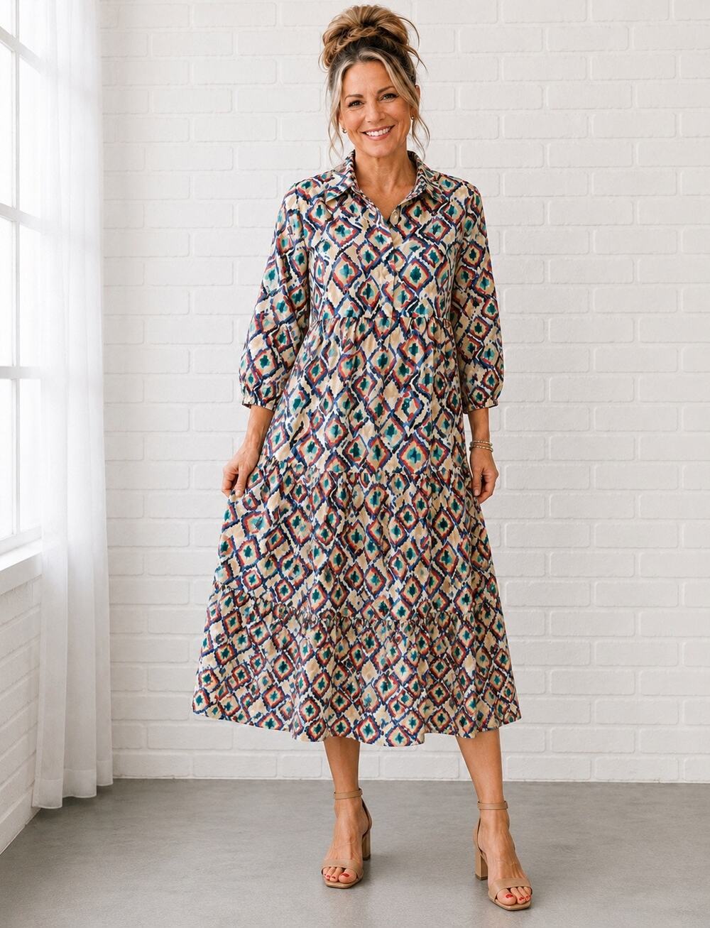 Maeve Anthropologie Shirt Dress XS Geometric Print Tiered Midi 100% Cotton